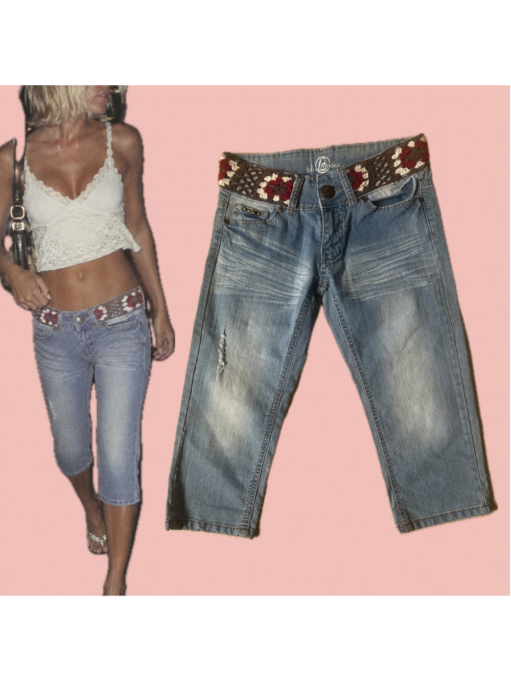 Bluenotes Y2K Low Rise Crochet Waist Capri Jeans Size 24